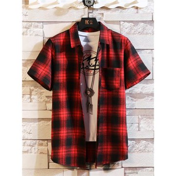 黑紅格子襯衫男短袖夏季韓版潮流襯衣男士夏天2025新款寸衫衣服薄