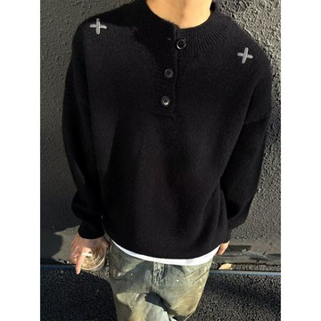 秋冬復古柔軟高級感亨利領長袖針織衫男時尚潮流上衣男