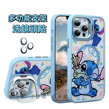 卡通史迪仔奇 磁吸鏡頭金屬支架手機殼鏡頭膜iPhone 16 15 14 13 12 11 Pro Max 保護殼