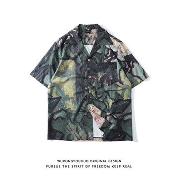 悟空有貨美式復古滿版涂鴉短袖襯衣男潮牌嘻哈寬松bf情侶外套上衣