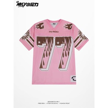 NELY小尼力美式復古拼接撞色火焰77號運動球衣半袖男女V領短袖T恤