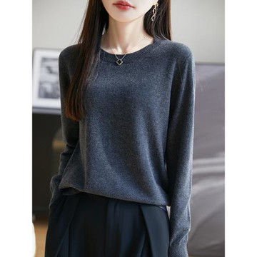 純羊毛衫女圓領寬松版薄款打底衫春秋簡約大方百搭經典套頭毛衣