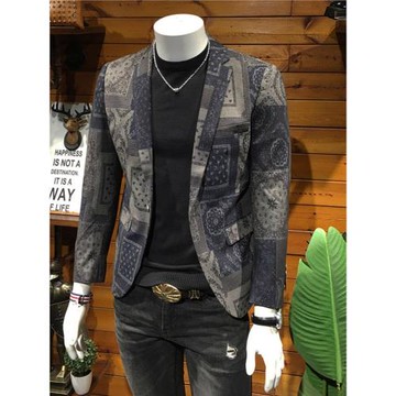 歐洲站2025新款春秋印花西服男青年韓版修身商務休閑小西裝外套潮