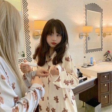 韓系ins睡衣女 網紅同款長袖長褲開衫居家服套裝 甜美可愛小熊寬鬆家居服 大碼睡衣 休閒服 兩件套