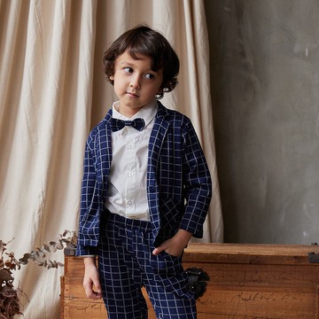 Charles系列藍色格子西裝外套褲子三件組