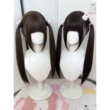 【KEKE】假髮女 75cm 冷棕色 長直髮 齊劉海 有鬢角 Lolita 洛麗塔 雙馬尾 全頭套 氣質女 網紅衕款自然