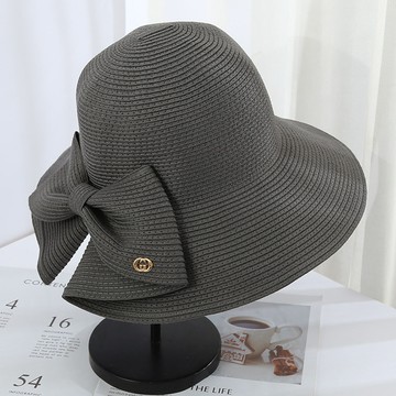 可折疊大帽沿防曬草帽-後開衩蝴蝶結-鐵灰色 (56-58cm)