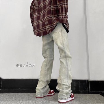 美式vibe褲子高街ins黃泥牛仔褲男春秋直筒hiphop垂感休閑工裝褲