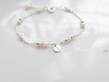 925純銀 點點星光 粉色 蛋白石 珍珠 客製化刻字 手鍊
