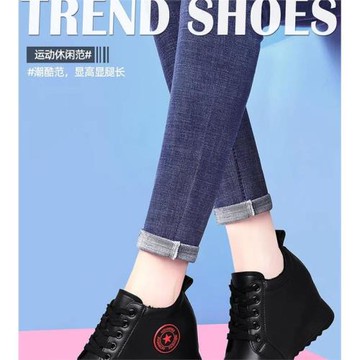 女百搭休閑防水春秋新款內鞋子黑色運動鞋厚底皮面女顯瘦