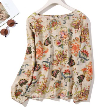 真絲桑蠶絲設計感小眾港風米色復古花襯衫背后紐扣寬松上衣女襯衣