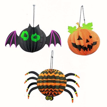 摩達客★萬聖派對佈置★立體紙燈籠吊飾三入組（橘黑蜘蛛＋紫黑蝙蝠＋橘色南瓜）_廠商直送