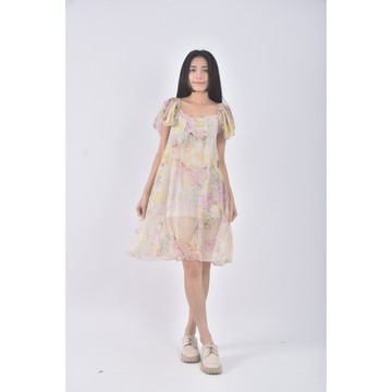 (S) 紡紗圓領黃色洋裝二手衣