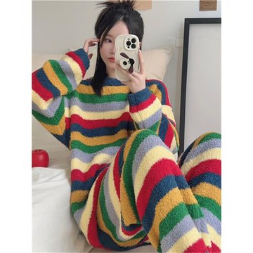 珊瑚絨半邊絨睡衣女冬季加絨加厚法蘭絨軟綿綿可外穿家居休閑套裝