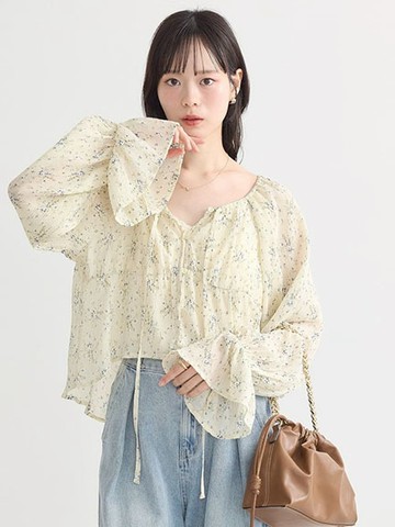 素面/碎花圖案透明感糖果袖開襟罩衫(01000715200) - earth music&ecology