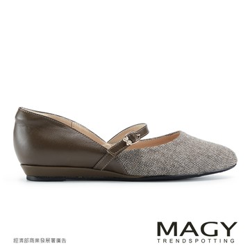 MAGY 羊皮拼接布面尖頭低跟瑪莉珍鞋 灰綠 #15702