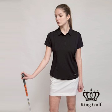 【KING GOLF】網路獨賣款-女款素面透氣材質拼接造型POLO衫/高爾夫球衫-黑色