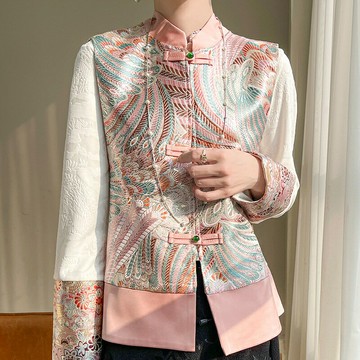 【巴黎精品】唐裝背心緞面外套-重工刺繡馬甲盤扣女外套a1iz96