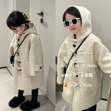 Orange Kids🍊兒童外套 韓版氣質牛角扣連帽毛呢大衣 女童外套 小中童外套 冬裝外套 男童外套 小朋友衣服