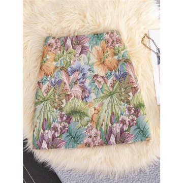 2025秋高腰顯瘦刺繡包臀短裙復古花朵油畫提花半身裙女裝a字半裙