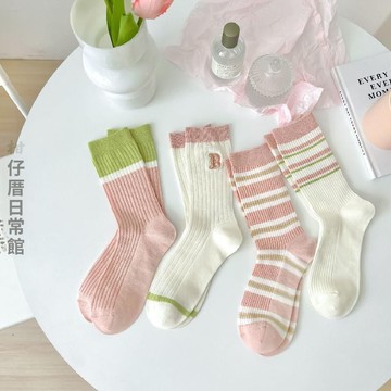 🔥2件9折🍊台北出貨🍊可開發票 襪子女中筒棉襪可愛日系百搭網紅刺繡襪ins風學院條紋撞色堆堆襪