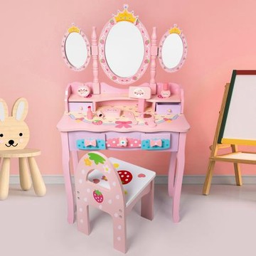 皇冠梳妝臺女孩木質仿真化妝桌椅化妝用品套裝過家家玩具生日禮物