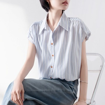 豎條紋短袖襯衫女夏設計感小眾小飛袖韓版上衣