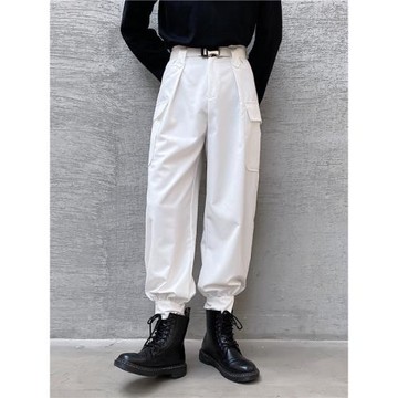 秋冬加絨潮牌ins工裝褲束腳搭配馬丁靴的褲子男哈倫褲魔術貼痞帥