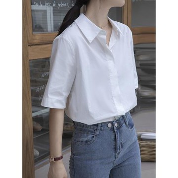 寬松百搭白色短袖襯衫女夏職業簡約高級感通勤氣質面試工作服上衣