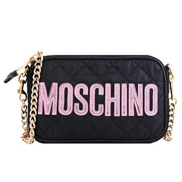 MOSCHINO 漆皮LOGO尼龍菱格迷你斜背/手拿鏈條包.黑