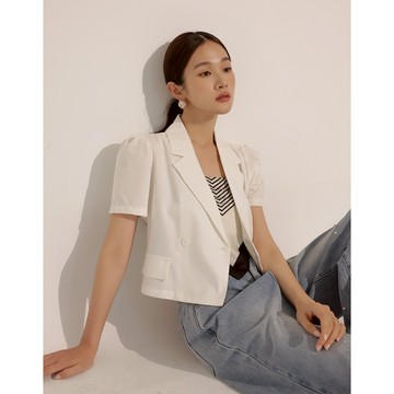 CHIC A SPACE 公主袖後開岔雙釦短版外套(白/綠) 女裝 現貨 氣質 高級感