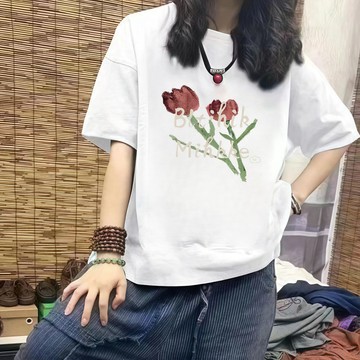 100%純棉 大尺碼 短袖T恤女 寬鬆上衣 夏季新款 圓領上衣 玫瑰印花T 小衆設計感上衣 休閒百搭