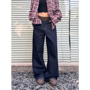 Street Studio美式復古原牛藍寬松直筒牛仔褲子男女秋冬闊腿長褲