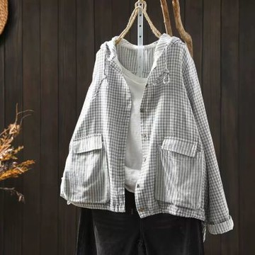 設計所在 棉麻隨性風 格紋連帽長袖上衣(3色可選)