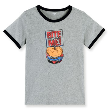 大口吃我漢堡撞色印花純棉T恤(麻灰)-女