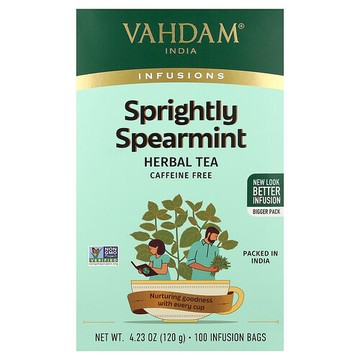 VAHDAM India, Infusions，草本茶，提神留蘭香，無咖啡萃取，100 液袋，4.23 盎司（120 克）