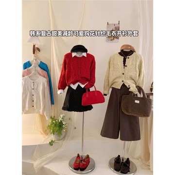 復古鉤花圓領花邊毛衣外套女秋冬韓日系寬松甜美小眾溫柔針織開衫