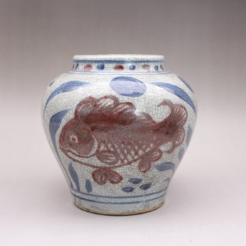 民窯元青花釉里紅魚草紋罐古玩古董仿古做舊老貨陶瓷器收藏品擺件