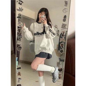 美式復古三條杠衛衣女大童春秋純棉小個子無帽加絨加厚初中生上衣