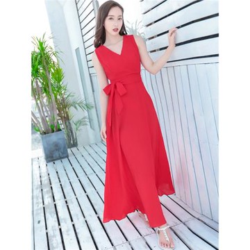 夏季長裙雪紡V領系帶紅色連衣裙波西米亞長裙海邊度假沙灘裙長裙