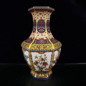 景德鎮琺瑯彩六方花瓶 客廳電視柜博古架瓷器花鳥六方瓶家居擺件