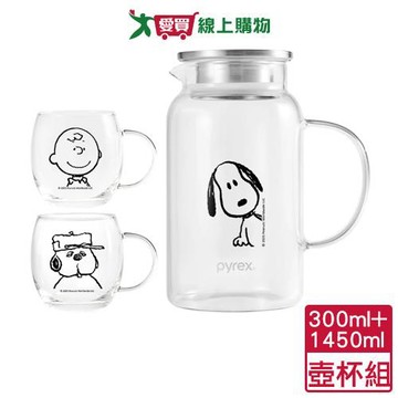 康寧 史努比耐熱玻璃1壺2杯組 茶壺 玻璃壺 耐熱 玻璃杯【愛買】