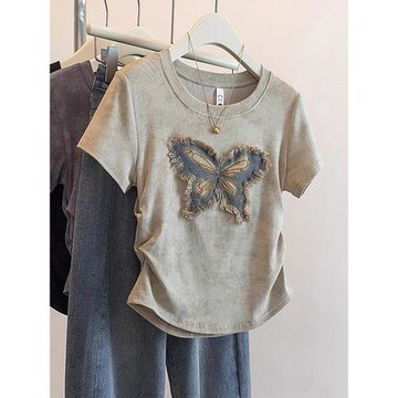 美式復古圓領蝴蝶貼布短袖T恤女夏季收腰修身設計感短款正肩上衣