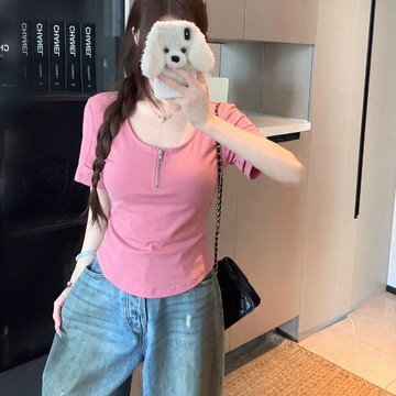 5924L_純棉半開領設計感短袖T卹女2026夏新款大尺碼胖MM韓版修身顯瘦上衣