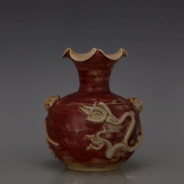 元代釉里紅龍紋荷葉口堆花浮雕石榴尊 仿古舊貨出土古玩收藏擺件