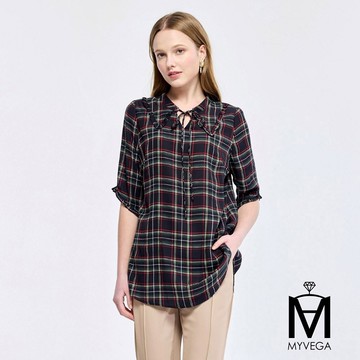 💜限時78折 MA 荷葉邊翻領格紋綁結雪紡上衣-黑