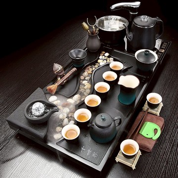 天然烏金石茶具套裝家用辦公陶瓷簡約小號石茶盤喝茶紫砂茶海整套