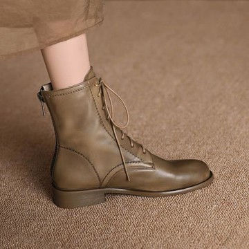 真皮低跟短靴女英倫風系帶馬丁靴2025新款圓頭后拉鏈平底及踝靴冬