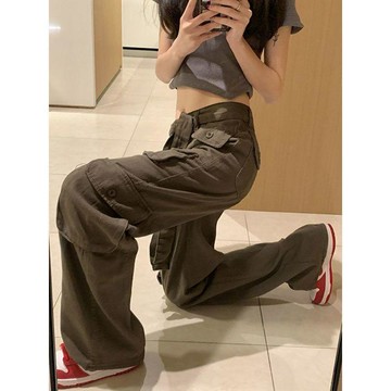本土出貨 工裝褲 休閒褲 美式高街工裝牛仔褲女春秋季嘻哈設計感小衆直筒闊腿休閒高腰長褲G2 R
