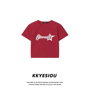 KKyesiou星星字母潮牌bm風短款上衣女美式正肩辣妹高腰夏短袖T恤